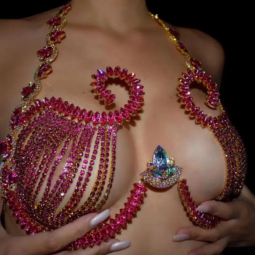 Body Jewelry Dress - Rave pembe kristal göğüs dirsek seksi